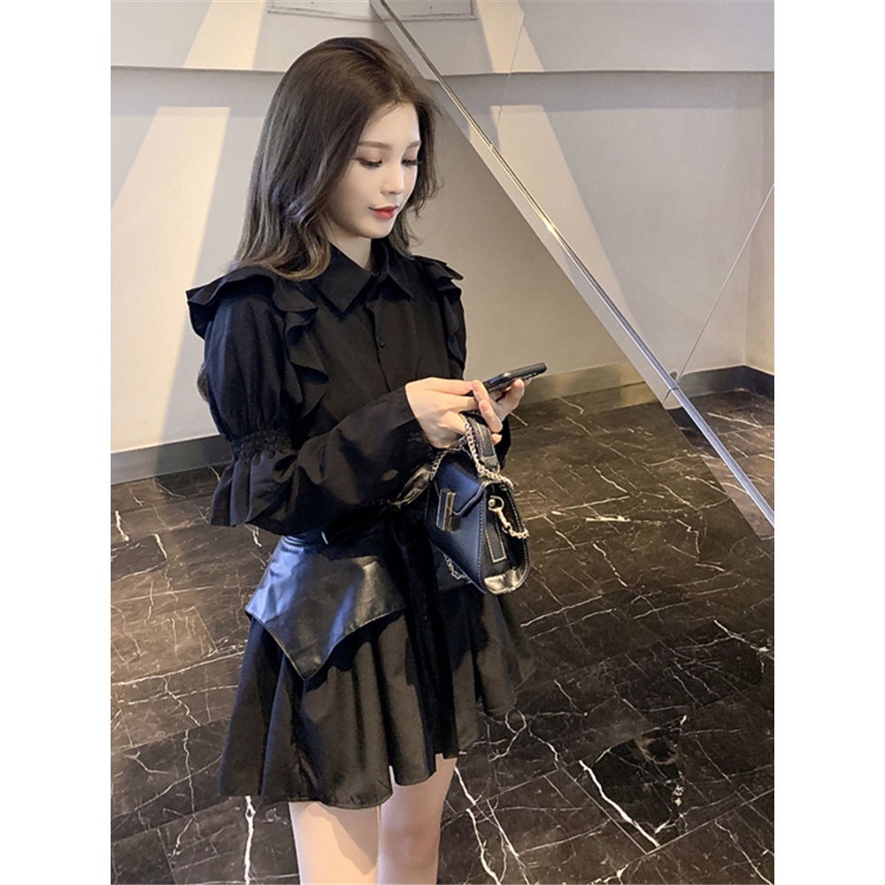 Suhao setelan jas dua potong musim dingin retro gaya Hepburn baju kemeja pinggang ramping rok wanita temperamen hitam berkencan