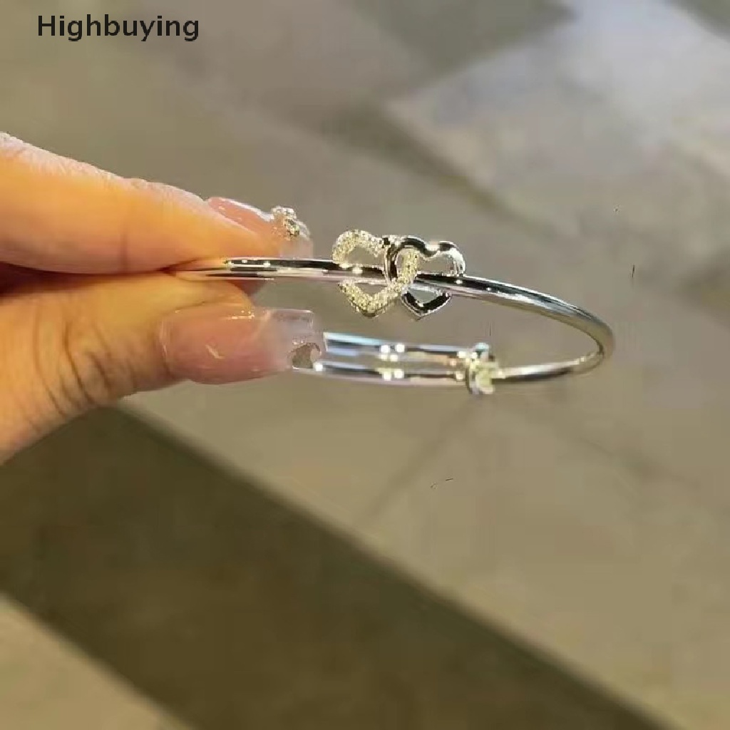 Hbid Fashion Double Heart Adjustable Bangle Fashion Warna Perak Kepribadian Sederhana Gelang Untuk Wanita Gadis Persahabatan Perhiasan Hadiah Glory