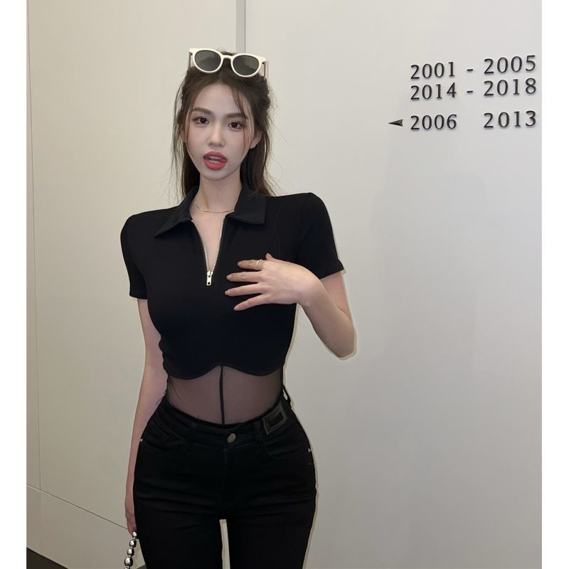 ☼△Suhao mesh splicing zipper one-piece T-shirt wanita musim panas seksi hot gadis perasaan desain niche slim hitam lengan pendek top