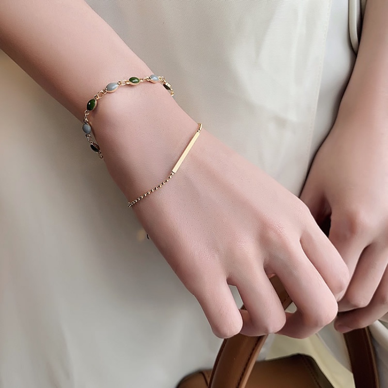 Retro Wanita Double Layer Gelang Pesona Bangle Wanita Elegan Trendi Geometris Sederhana Perhiasan Aksesoris Manik-Manik Hijau Liontin Gelang Adjustable