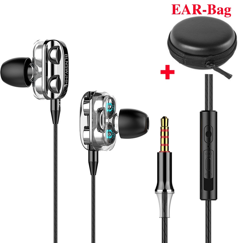 A4 Earphone Dengan Tas Earphone Dual Driver Headphone Kabel 3.5mmIn-Ear Stereo HIFI Music Headset Olahraga Lari Earbuds