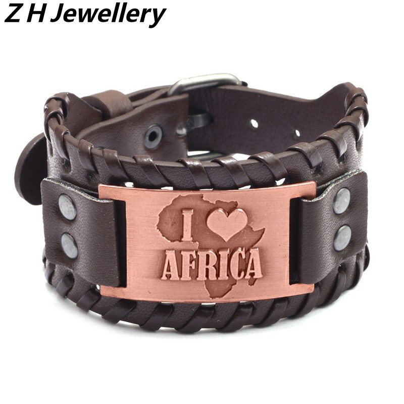 [Z H Jewelry] Viking Fashion Pria &quot;I LOVE Africa&quot; Gelang Stainless Steel Anyaman Kulit/Aksesoris Perhiasan Pesta 18.5CM~21.5CM