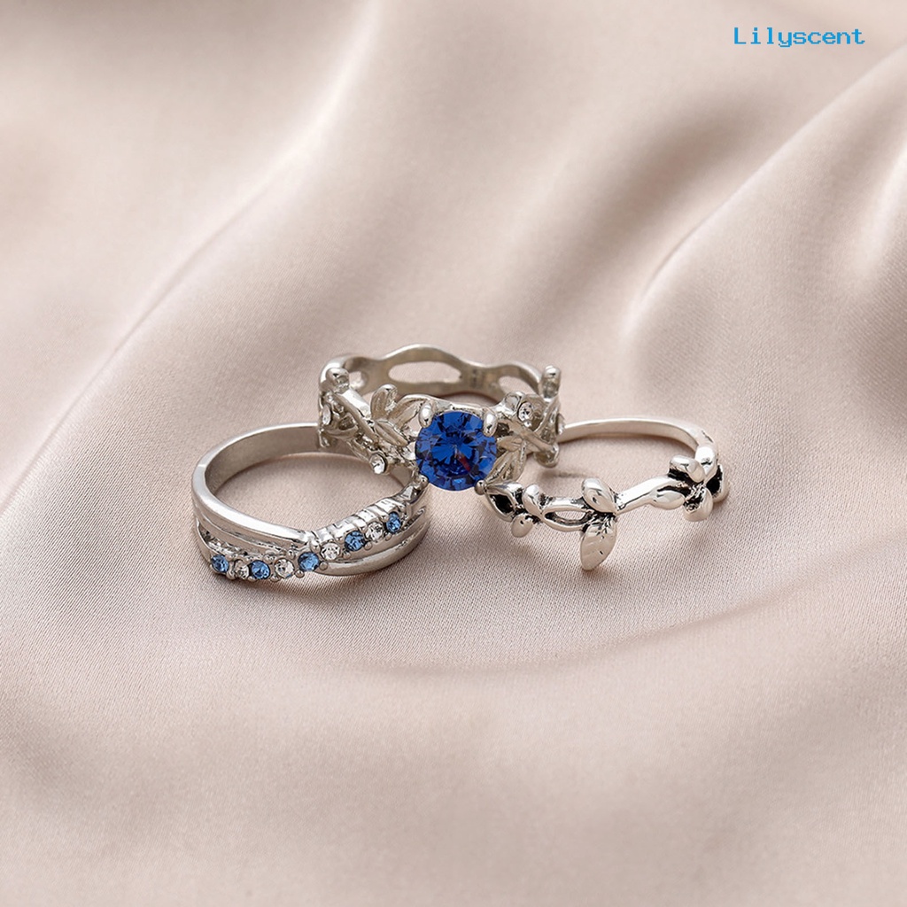 [LS]3Pcs Wanita Cincin Bunga Perhiasan Permata Imitasi Bersinar Stackable Knuckle Rings Untuk Pesta Perjamuan Prom