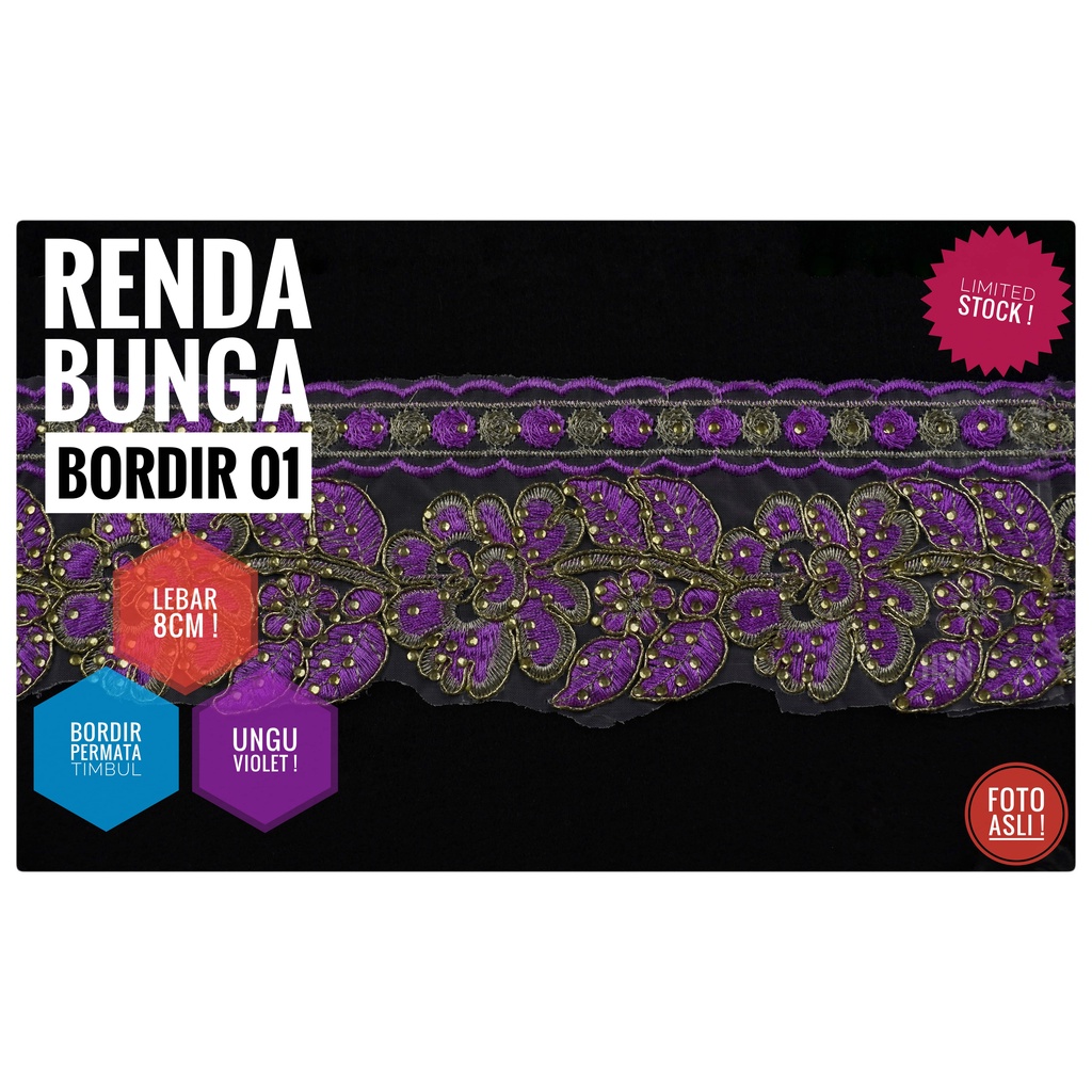 renda bordir bunga ungu violet