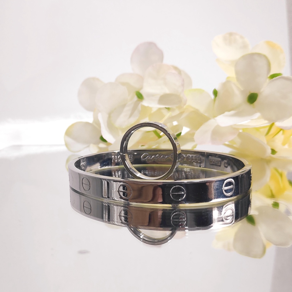 Set Gelang Silver Polos Titanium Premium Motif (e) &amp; Cincin Titanium CR011