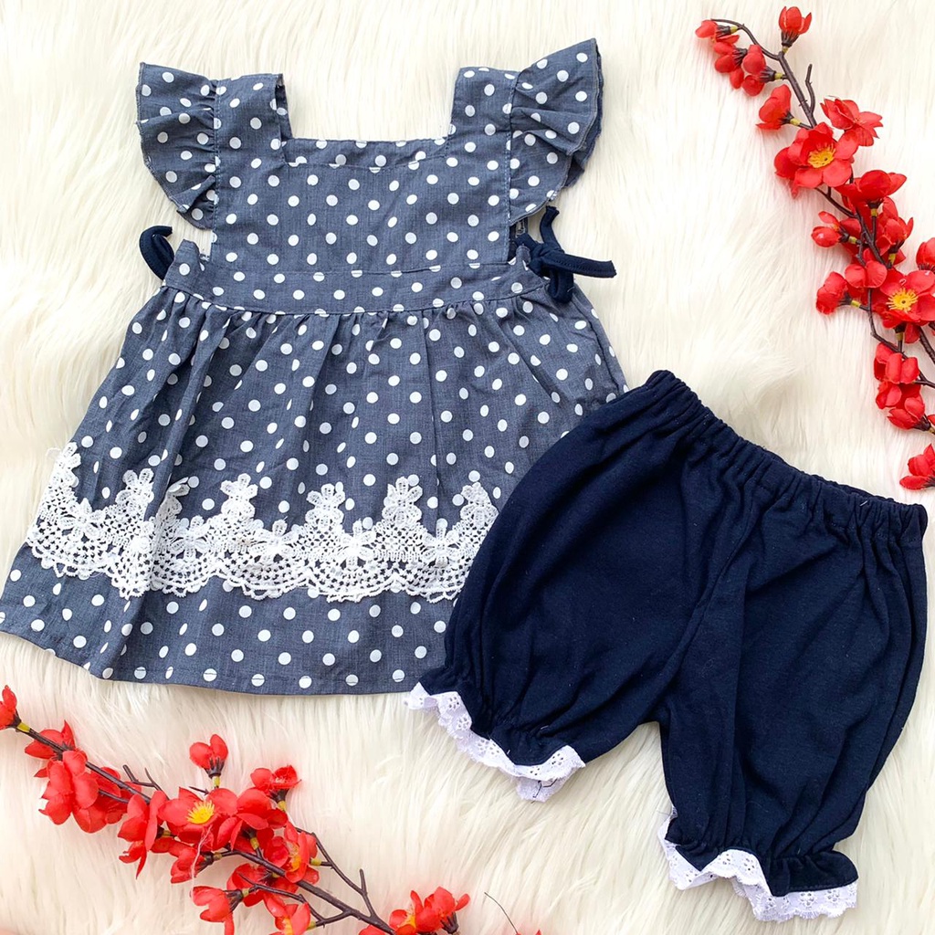 Baju dress baby motif polkadot 3-12 bulan biru pergi jalan anak bayi cewek perempuan murah -pol