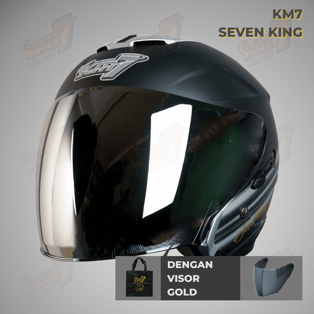 KM7 Helmet Motif Stripe - Half Face SNI Dewasa Double Visor BLACK SILVER DOFF