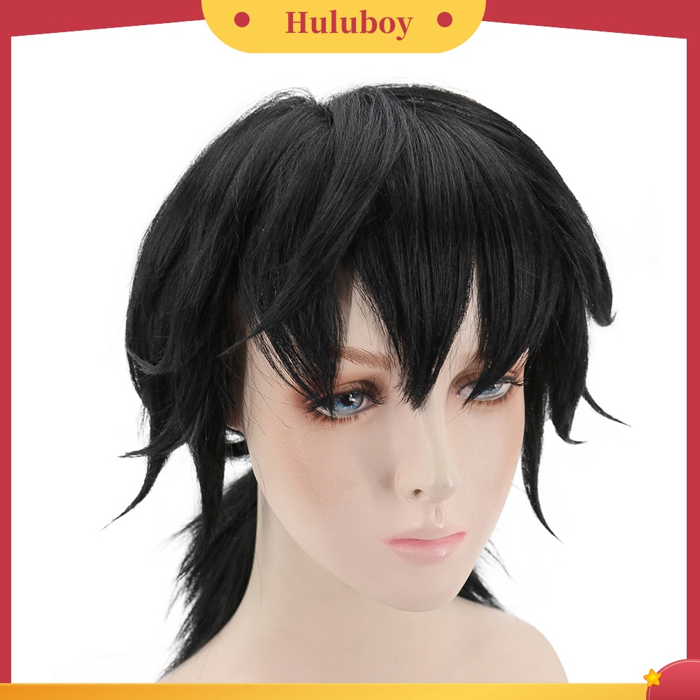 Wig Rambut Sintetis Tahan Panas Warna Hitam Dengan Poni Untuk Cosplay Anime