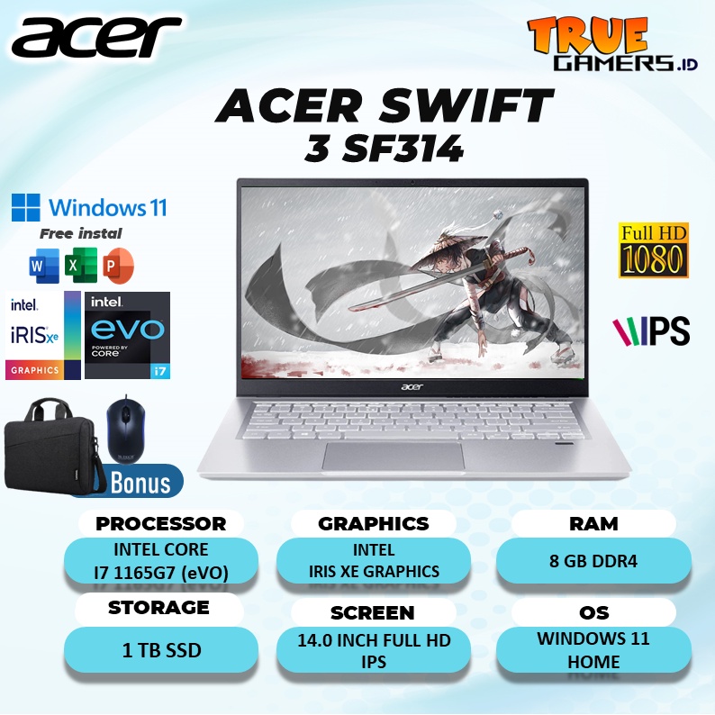 ACER SWIFT 3 INFINITY 4 SF314 EVO I7 1165G7  RAM 8GB 1TB ssd IRISXE W11+OHS21 14.0FHD IPS