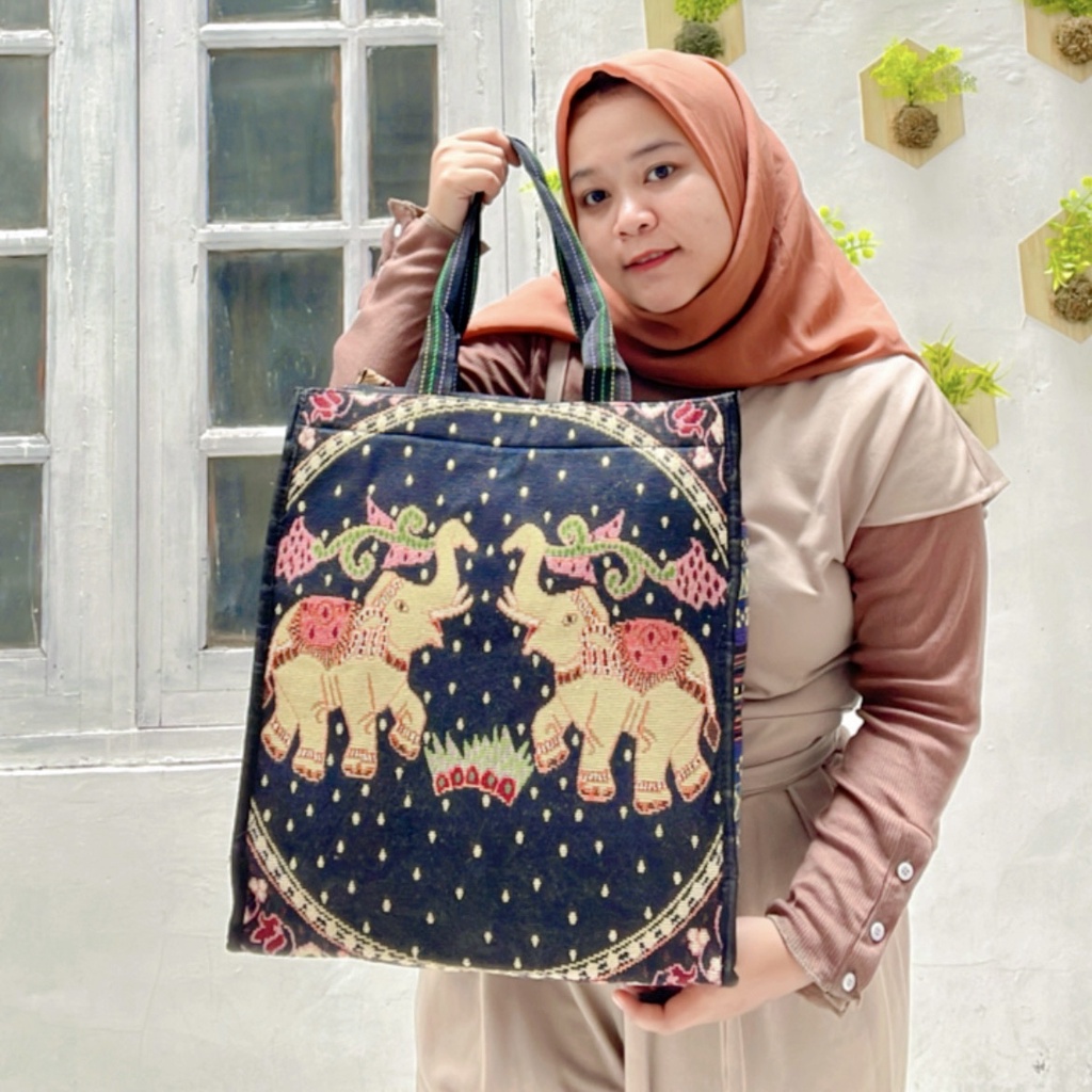 PROMO 12 12 COD Tas Totebag gajah etnik tenun semarang ada tali panjang ukuran besar Tas Fashion Murah