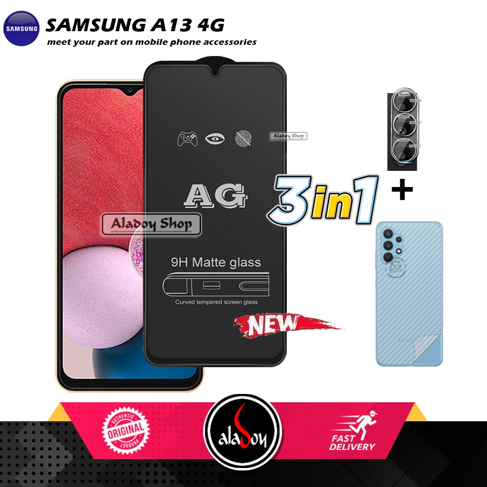 Paket 3IN1 Tempered Glass Layar Matte Anti Glare Samsung A13 4G Free Tempered Glass Camera dan Skin Carbon