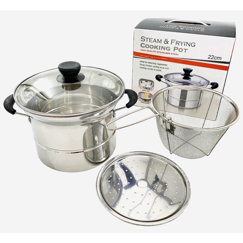 Panci 3in1 Goreng Rebus - Deep Fryer Gagang Panjang &amp; Kuping 2 - Panci Mie Stainless - Panci Steamer Multifungsi