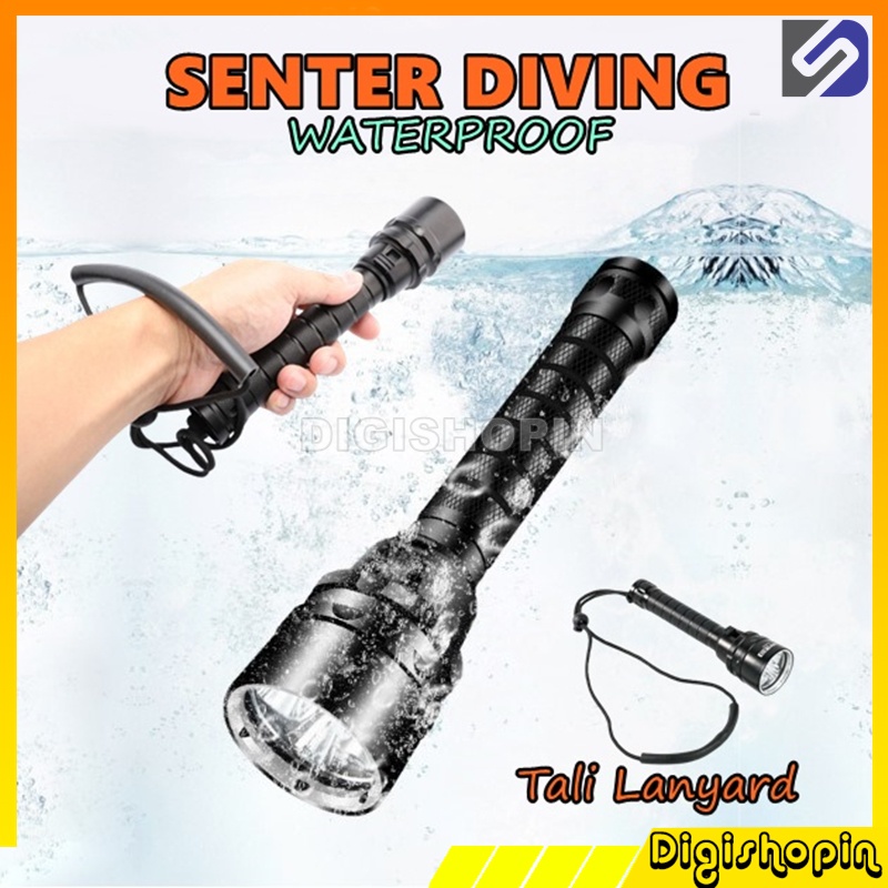 Senter Diving IP68 Dengan Tali Lanyard Senter LED Scuba Dive Waterproof IP68 T6