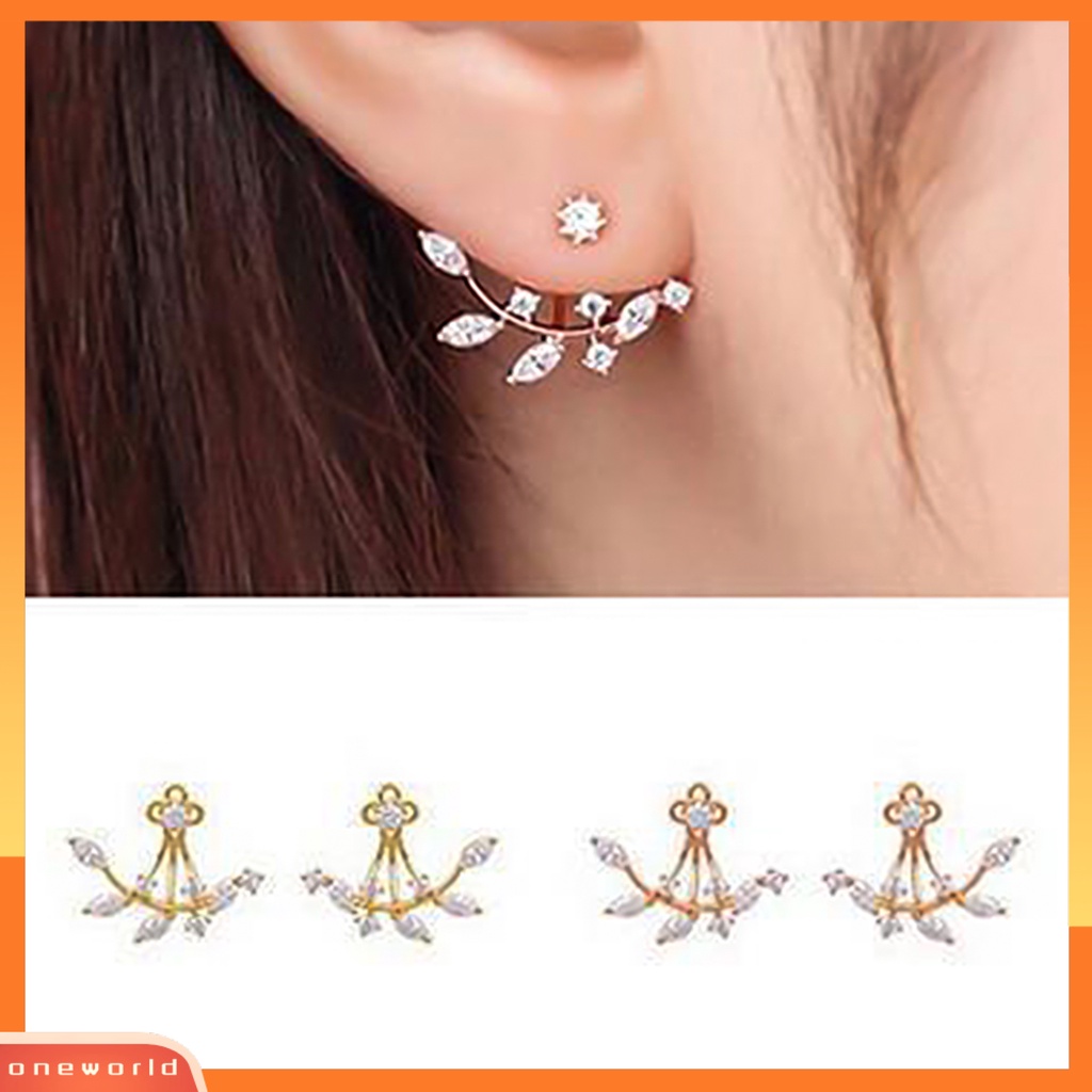 [WONE] Ear Studs Leaf Shiny Earrings Wanita Elegan Jaket Telinga Cubic Zirconia Untuk Pernikahan