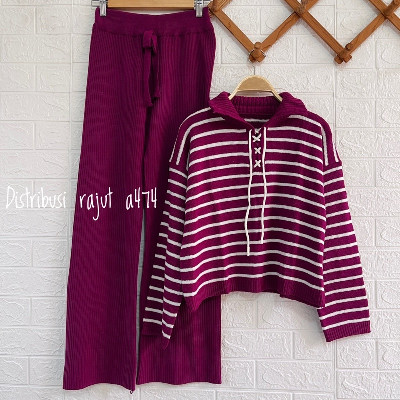 ONESET SWETER RAJUT CINDY STIRIPPY SETELAN CELANA KULOT