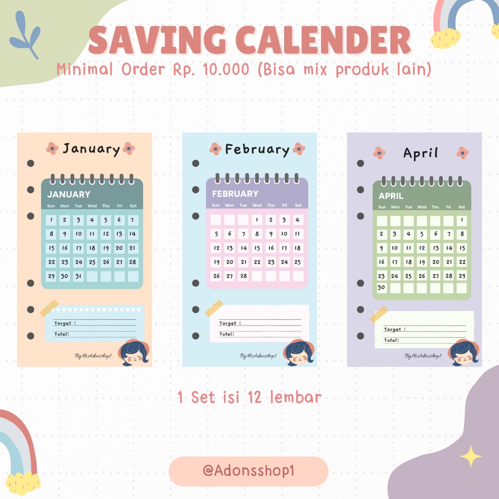 

[2024] Saving Challange Kalender 2024 1 set isi 12 A6 A5 6 Hole