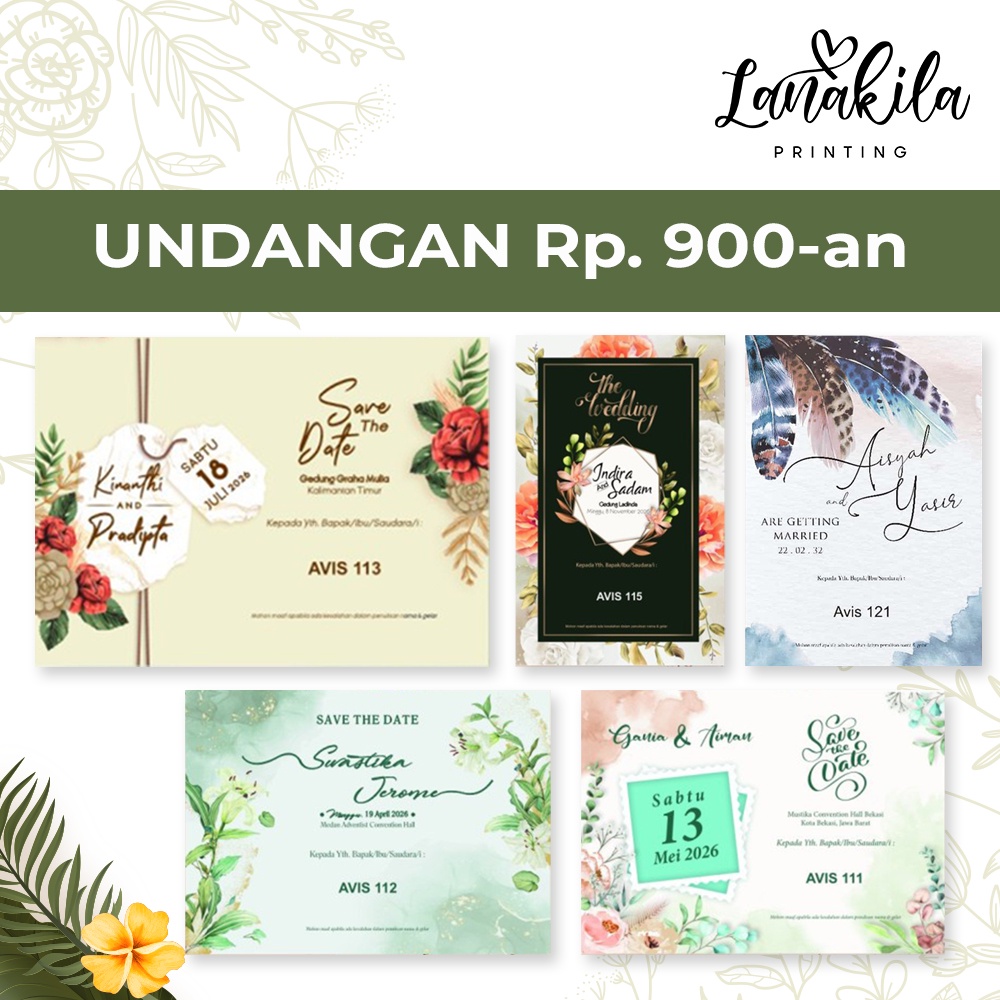 Undangan Pernikahan Murah Watercolor Daun Tali Rami Rustik