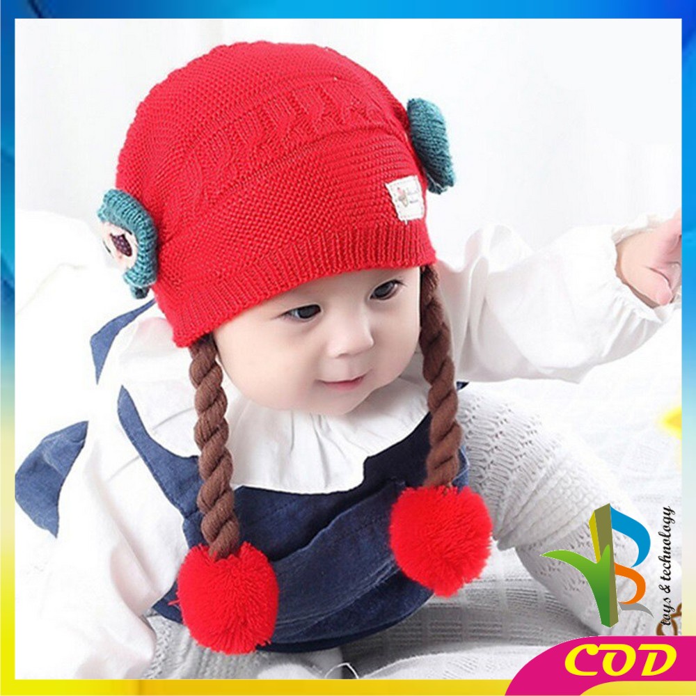 RB-P19-21 Topi Anak Perempuan Rambut Kepang / Topi Bayi Kupluk Rajut Imut Lucu / Baby Hat Wig Impor