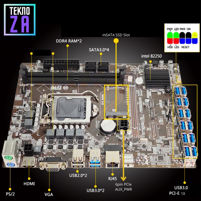 Mining Motherboard 12 VGA B250C-BTC 12 PCIE USB Slot with 6pin AUX