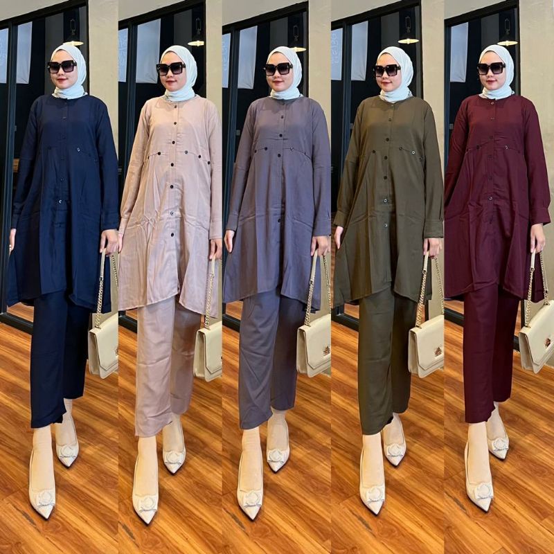 (Bisa COD) Setelan Long Tunik Muslimah/Setcel Wanita Premium/Oneset Polos