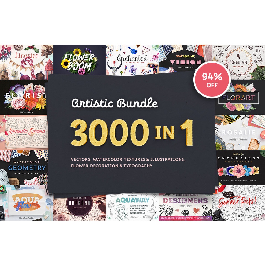 MightyDeals - 3,000 Artistic Vectors, Watercolors, Flower Decorations &amp; More