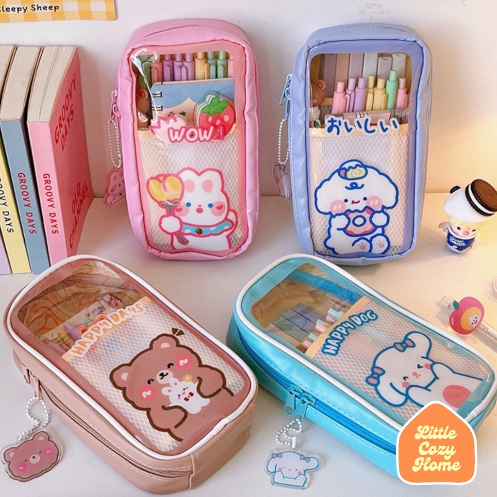 Cutie Jumbo Transparent Pencil Case / Korean Style Kotak Tempat Pensil Besar Dengan Resleting / Muat Banyak / Big Capacity With Zipper