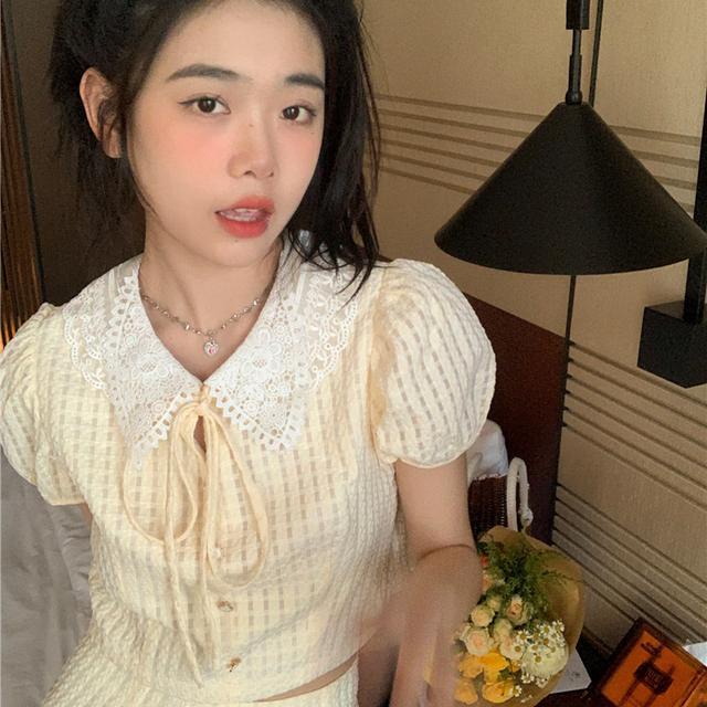 Suhao setelan dua potong Qianjin~Xiaoxiang setelan jaket kerah boneka lengan engah wafel + rok ramping dengan pinggul