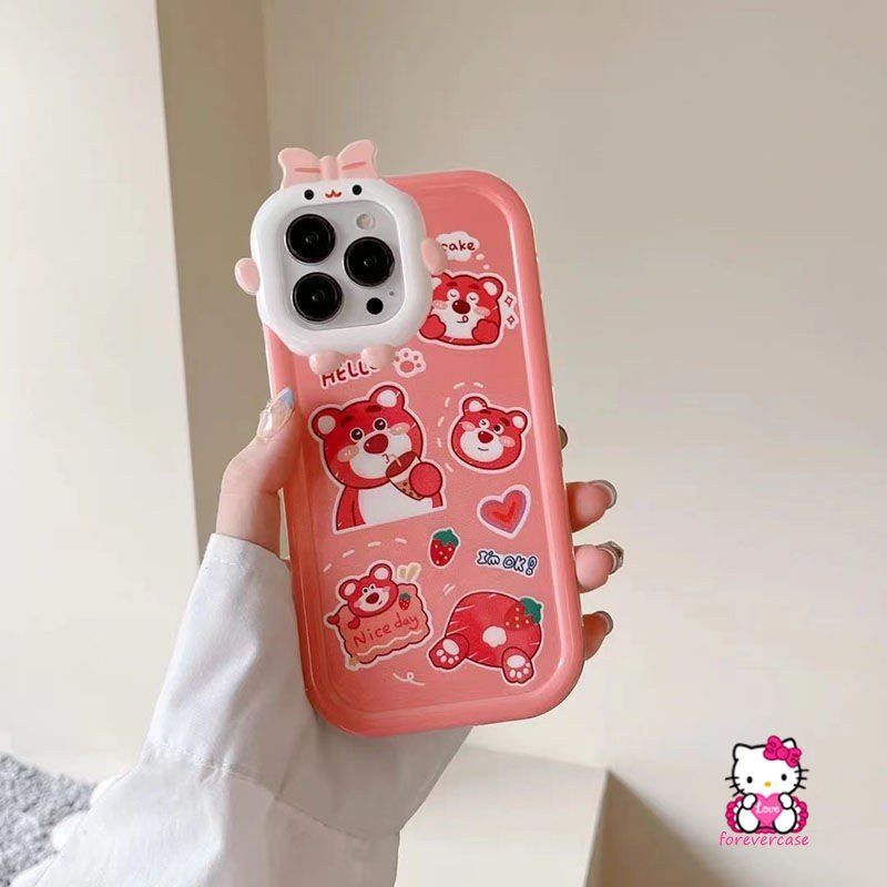 Kartun Manis Strawberry Bear Manyo Case Kompatibel Untuk iPhone XR 6s 6 8 7 Plus 11 Pro Max 13 12 14 Pro Max 14 Plus X XS Max SE 2020lucu 3D Busur Simpul Monster Kecil Lensa Soft Cover