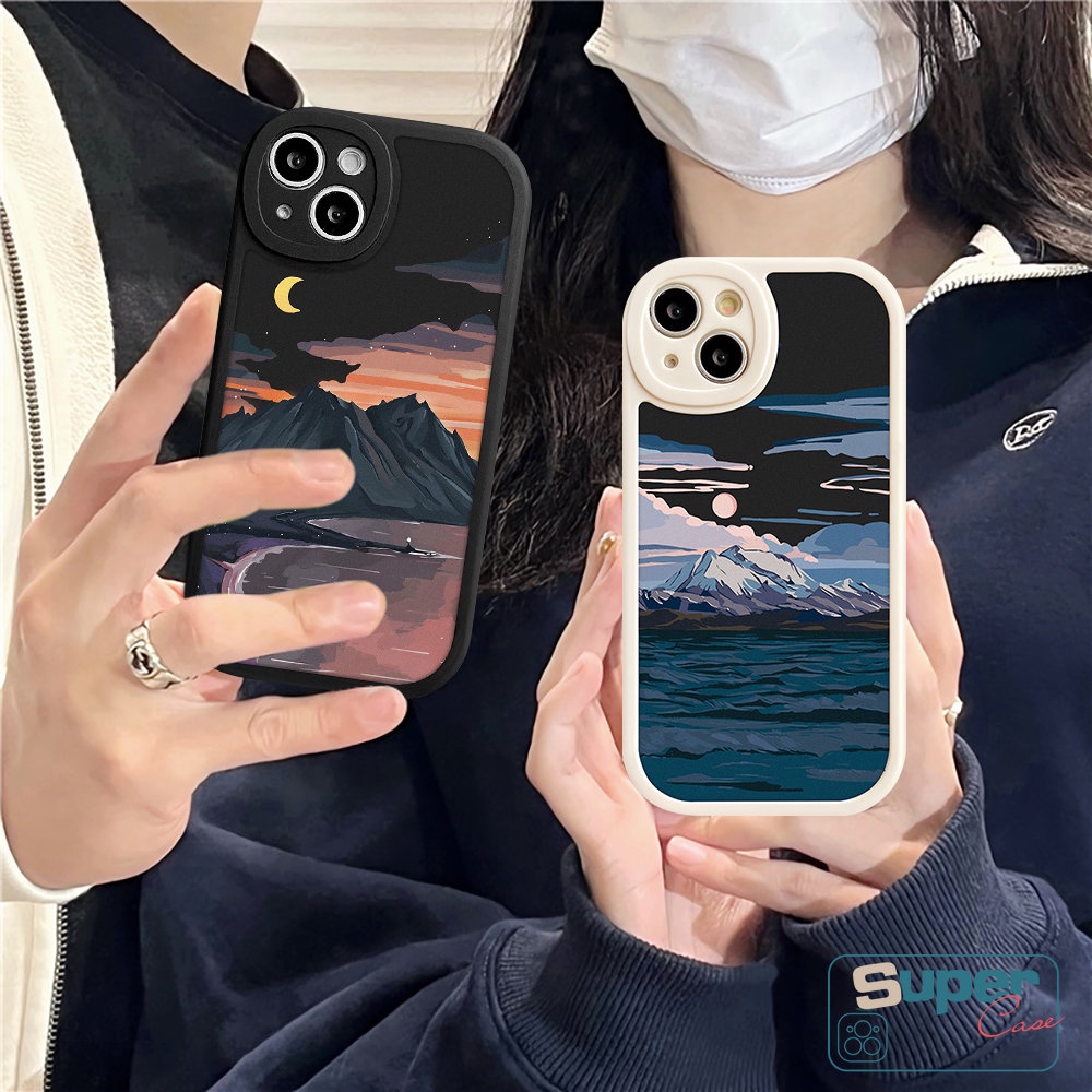IPHONE Casing Ponsel Lukisan Cat Minyak Kompatibel Untuk Iphone14 13 12 11 Pro Max7 8 6 6s Plus 14plus XR X XS MAX SE 2020pasangan Salju Gunung Sunset Pemandangan Lembut TPU Case