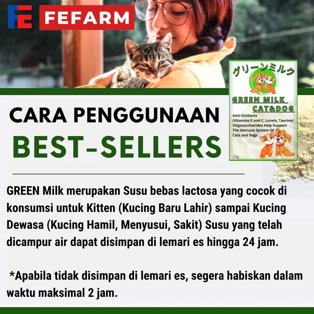 Susu Kucing Anjing 25Gr Sachet GREEN MILK Bebas Lactosa Susu Kitten dan Adult FEFARM