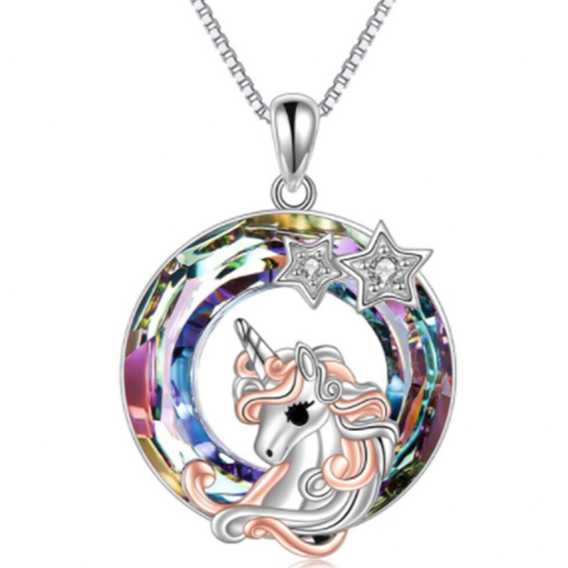 Unicorn Kalung Untuk Wanita Liontin Kristal Warna-Warni Dengan Bintang Cubic Zirconia Kalung Gadis Hewan Pesta Perhiasan Hadiah