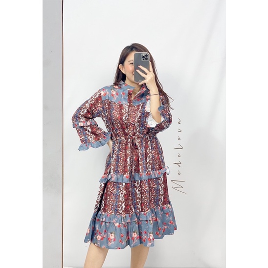 MDLV ~ 6950# Monteria Floral Mini Dress Babydoll Dress Big Size Fashion import
