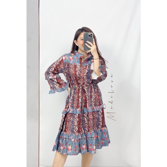 MDLV ~ 6950# Monteria Floral Mini Dress Babydoll Dress Big Size Fashion import