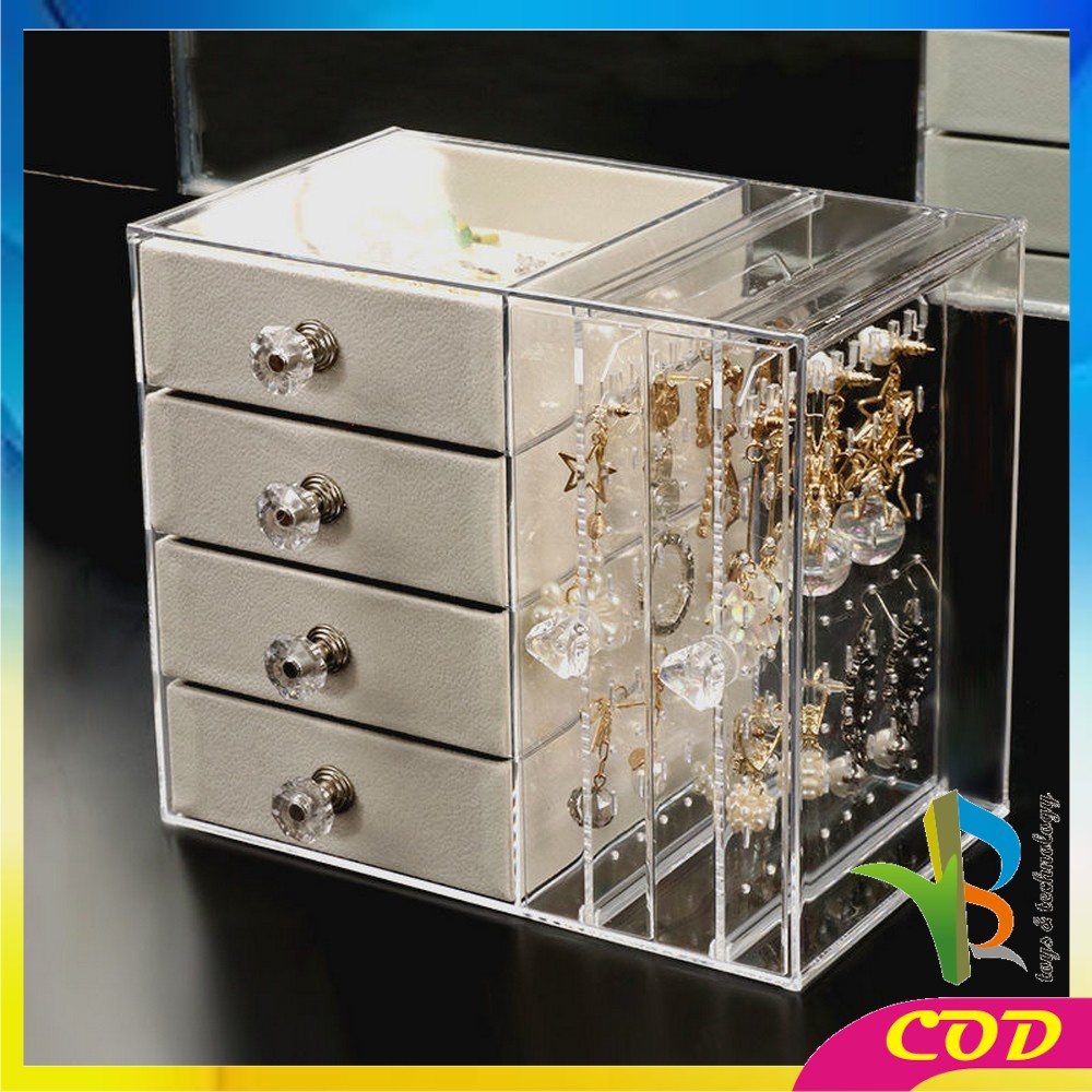 RB-K136 Kotak Perhiasan Tingkat 4 Laci Rak Acrylic Organizer Anting Cincin Anti Debu / Tempat Penyimpanan Aksesoris Kalung Wanita Rak Kosmetik Multifungsi