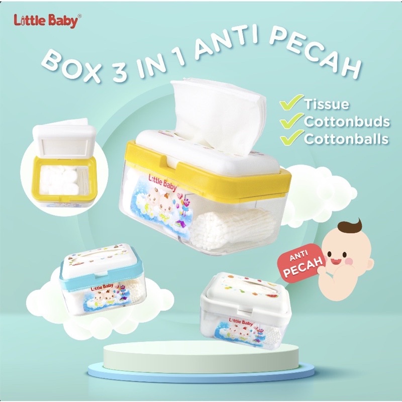 Little Baby Box 3 in 1 Multifungsi Anti Pecah - Kotak Tisu Kapas Cottonbuds