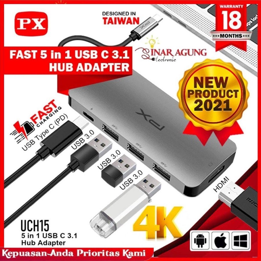 CONVERTER HUB ADAPTER 5 IN 1 4K USB TYPE C 3.1 USB HDMI PX UCH15