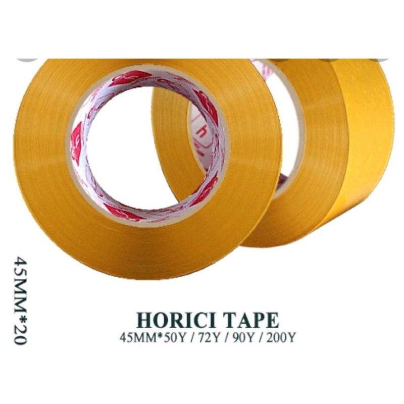 Merek:HORICI TAPE                                                                                                                           Solasi 200 yard Warna : Bening dan coklatLebar : 45mmpanjang : 200YMicron50 MicTypeBENING Super clean