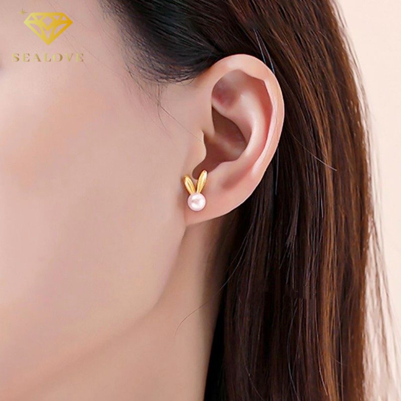 Anting-anting titanium anti karat, kelinci mutiara lucu, aksesoris Korea yang elegan