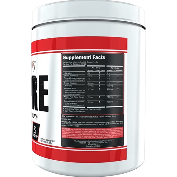Primeval Labs Mega Pre White Pre Workout Non Stimulant 40 Servings