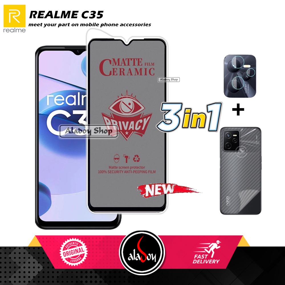 Tempered Glass Anti SPY Realme C35 Anti Gores Privacy + Tempered Glass kamera dan Skin Carbon