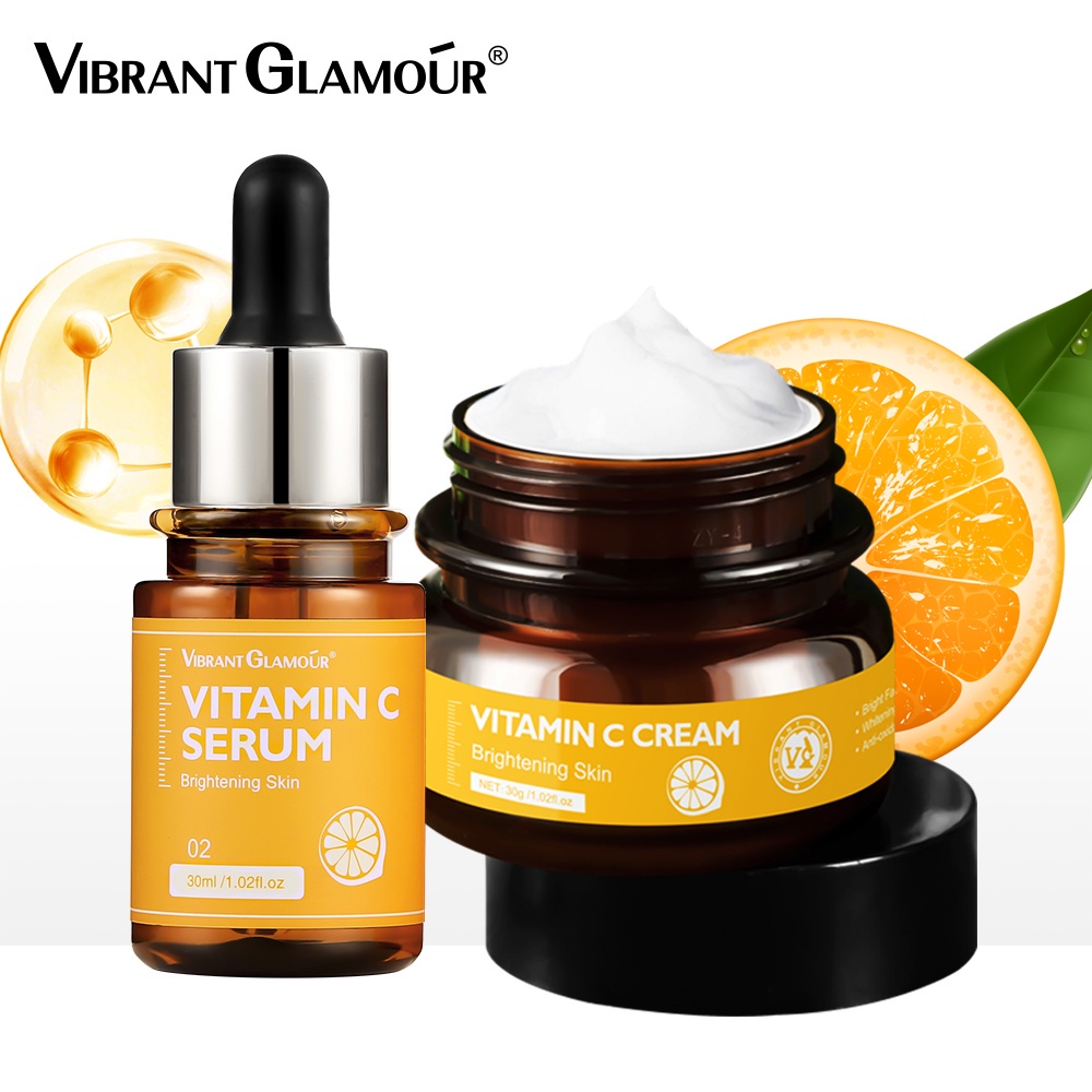 VIBRANT GLAMOUR Vitamin C Cream dan Serum Brightening Set Untuk Wajah Pemutih Pelembab Mencerahkan Kulit Memudarkan Flek Hitam
