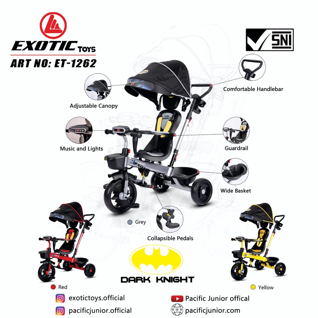 EXOTIC ET-1267 ET1267 ET-1268 ET1268 ET-1269 AT-7702 AT7702 AT-7708 AT7708 Sepeda Anak Roda Tiga Tricycle Pengaman Mainan Musik Lampu Kanopi