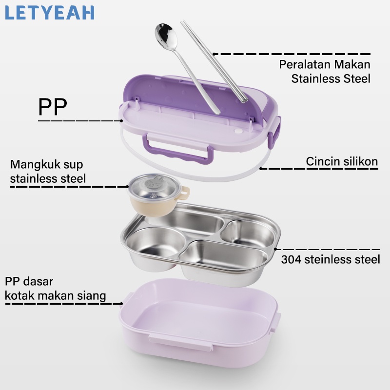 letyeah Kotak makan stainless 304 anti tumpah/lunch box stainless dengan mangkuk sup