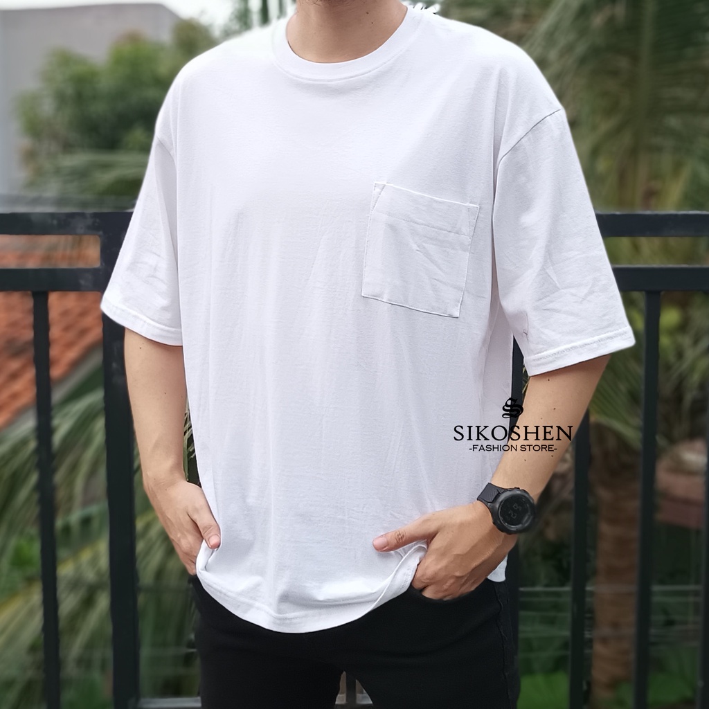 Kaos Oversize Hitam Polos Pria Bahan Tebal Saku Depan