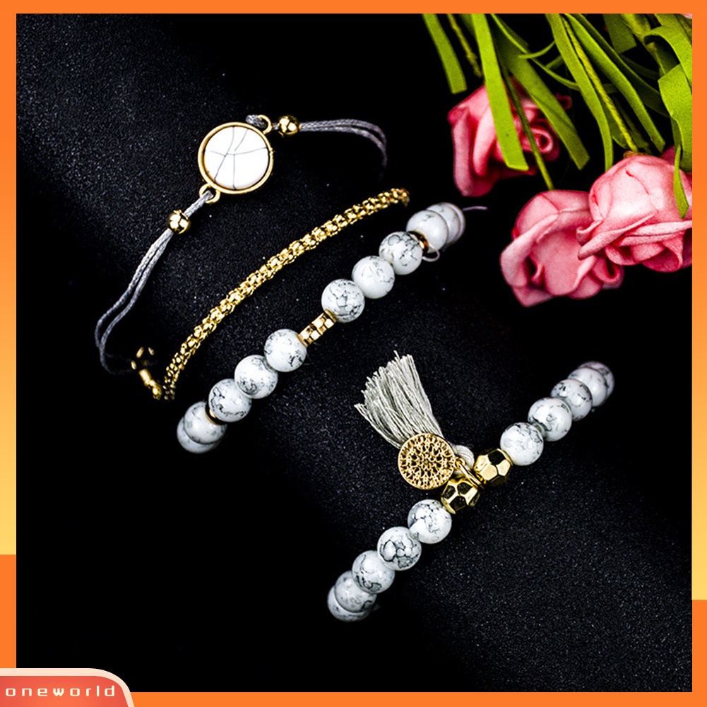 [ONE] 4 Pcs Wanita Manik-Manik Pirus Imitasi Rumbai Pesona Gelang Bangle Set Perhiasan Hadiah