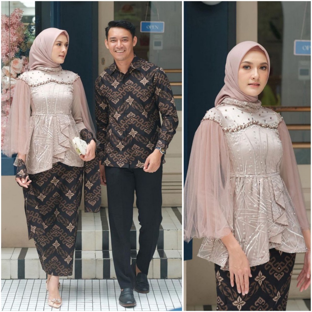 Kebaya modern wisuda couple batik brukat remaja terbaru mewah satu set pasangan keluarga baju pesta tunangan lamaran kondangan wanita muslim kekinian model vanila