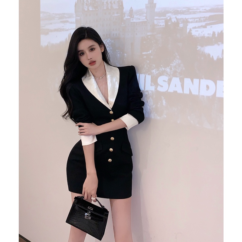 ❏♚☬Suhao Korea jahitan kasual lengan panjang jaket wanita awal musim gugur hitam v-neck slim-fit temperamen high-end short cardigan top