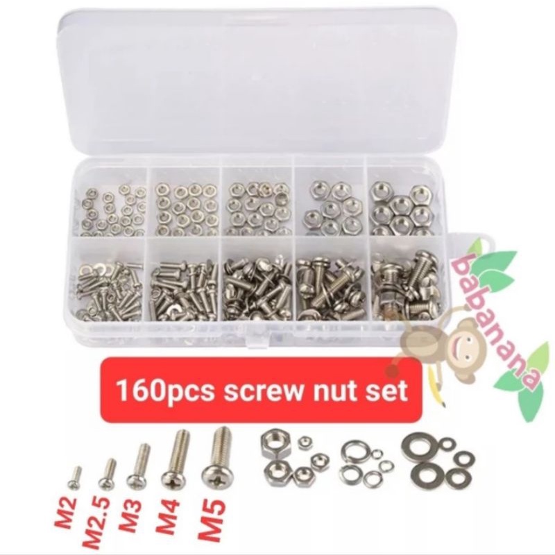 160pcs M2 M2.5 M3 M4 M5 baut mur hex screw nut washer ring set steel