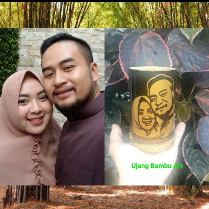 Gelas/Cangkir ukir Bambu Hitam Dua Wajah