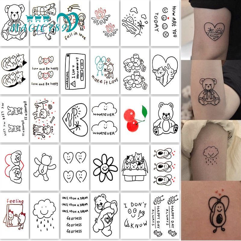 Magic789 42lembar Keren Hitam 3D Lucu Beruang Huruf Temporary Tattoo Stiker Untuk Wanita Pria Anak Hati Awan Gadis Tato Set Untuk Tubuh Lengan Leher